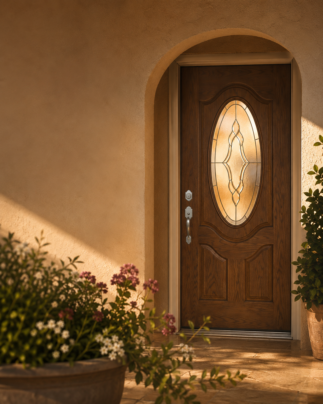 A composite entry door at dusk in a designed home setting