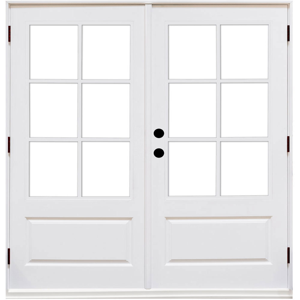 Distinction 3/4 Lite Hinged patio door in White, two hinged panels, grilles between the glass over a solid rail