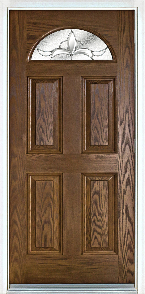 Distinction Fan Lite entry door in Medium Oak with Andaman arched decorative glass