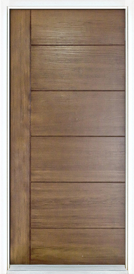 Distinction Contemporary Teak entry door in Medium Oak, solid with clean lines