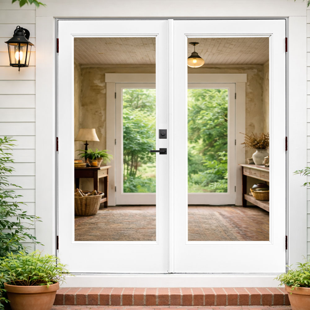 A pair of white full-lite hinged patio doors opening from a warm vestibule onto a garden