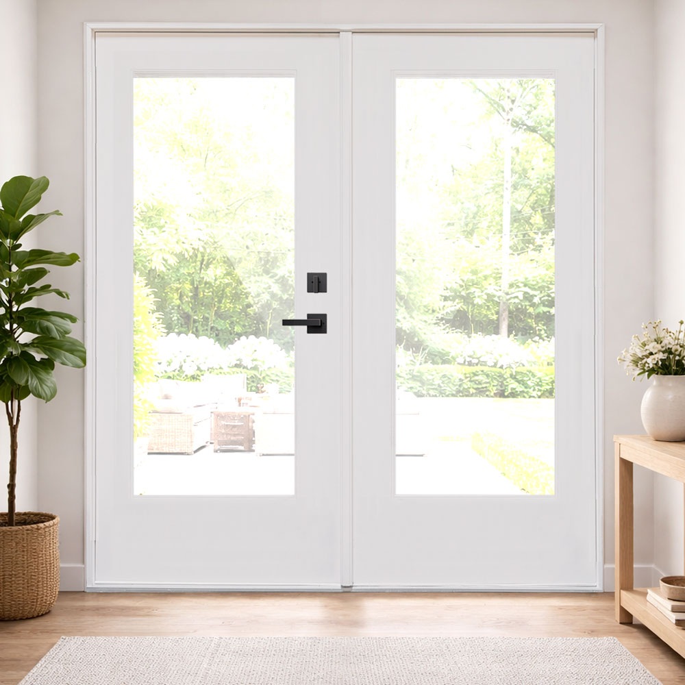 A pair of white impact-rated hinged patio doors in a bright interior, opening onto a garden