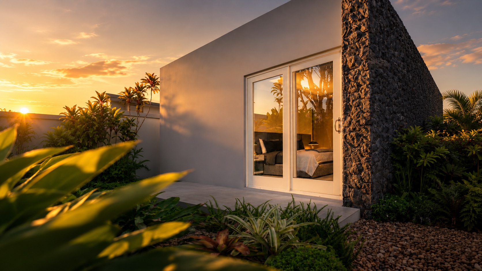 A white gliding patio door open onto a lush garden at golden hour