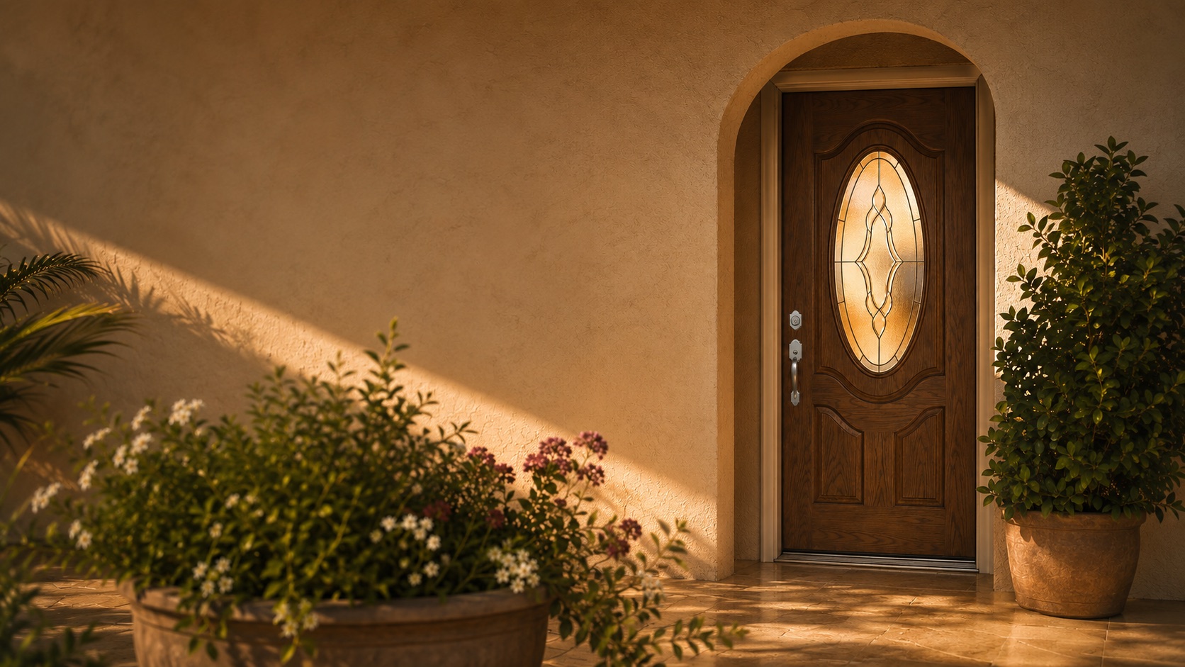 A composite entry door glowing warmly at dusk in a designed home setting